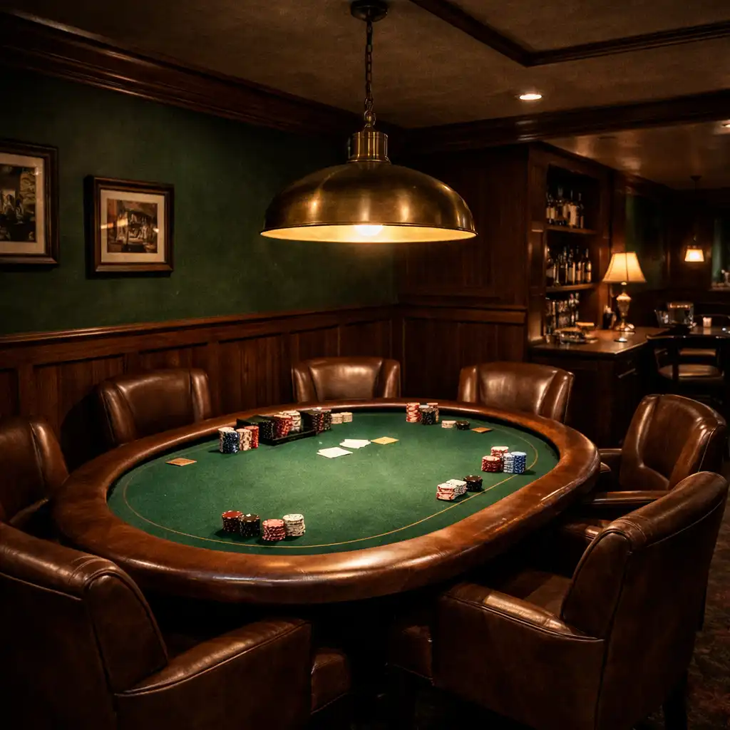 Pokerový salon s tmavě zelenými stěnami a pokerovým stolem pod nízkou lampou