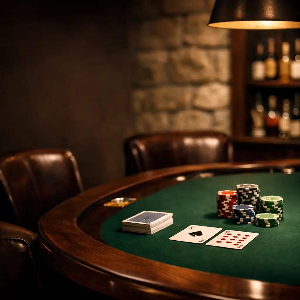 Pokerový stůl s žetony a kartami v intimním salonu Gour Met Flavor House