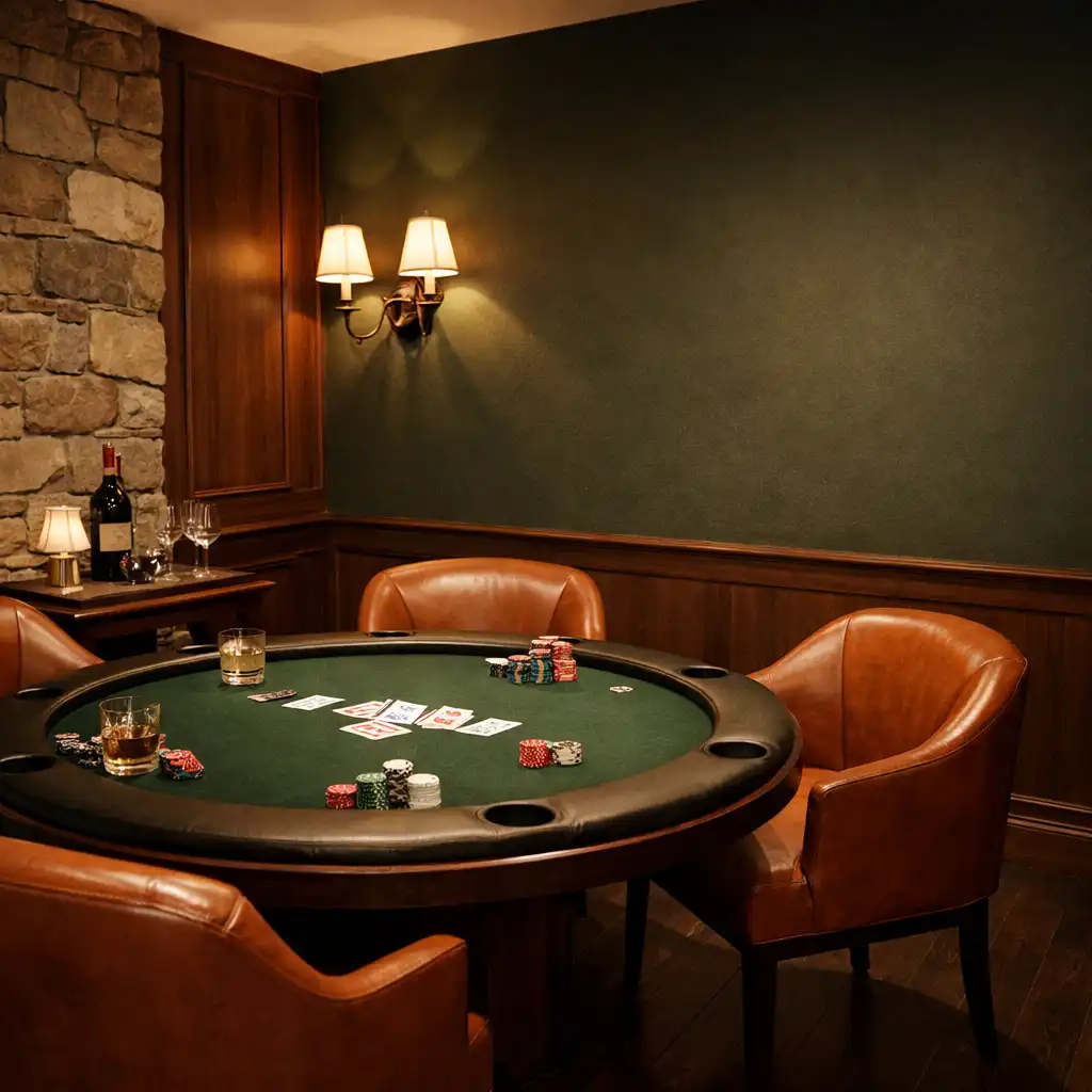 Interiér pokerového salonu s kulatým stolem, koženými židlemi a kamennou stěnou