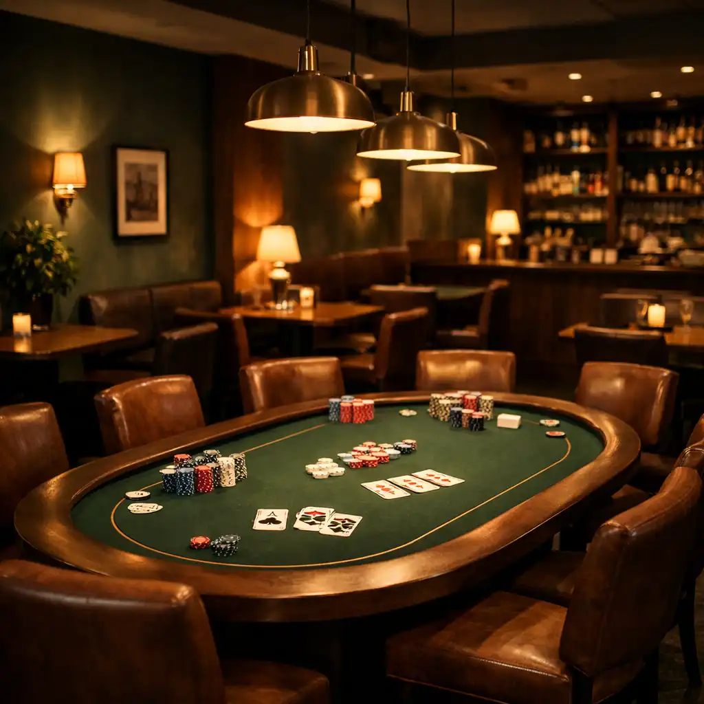 Pohled do poker salonu s dřevěnými stoly, koženými židlemi a teplým osvětlením