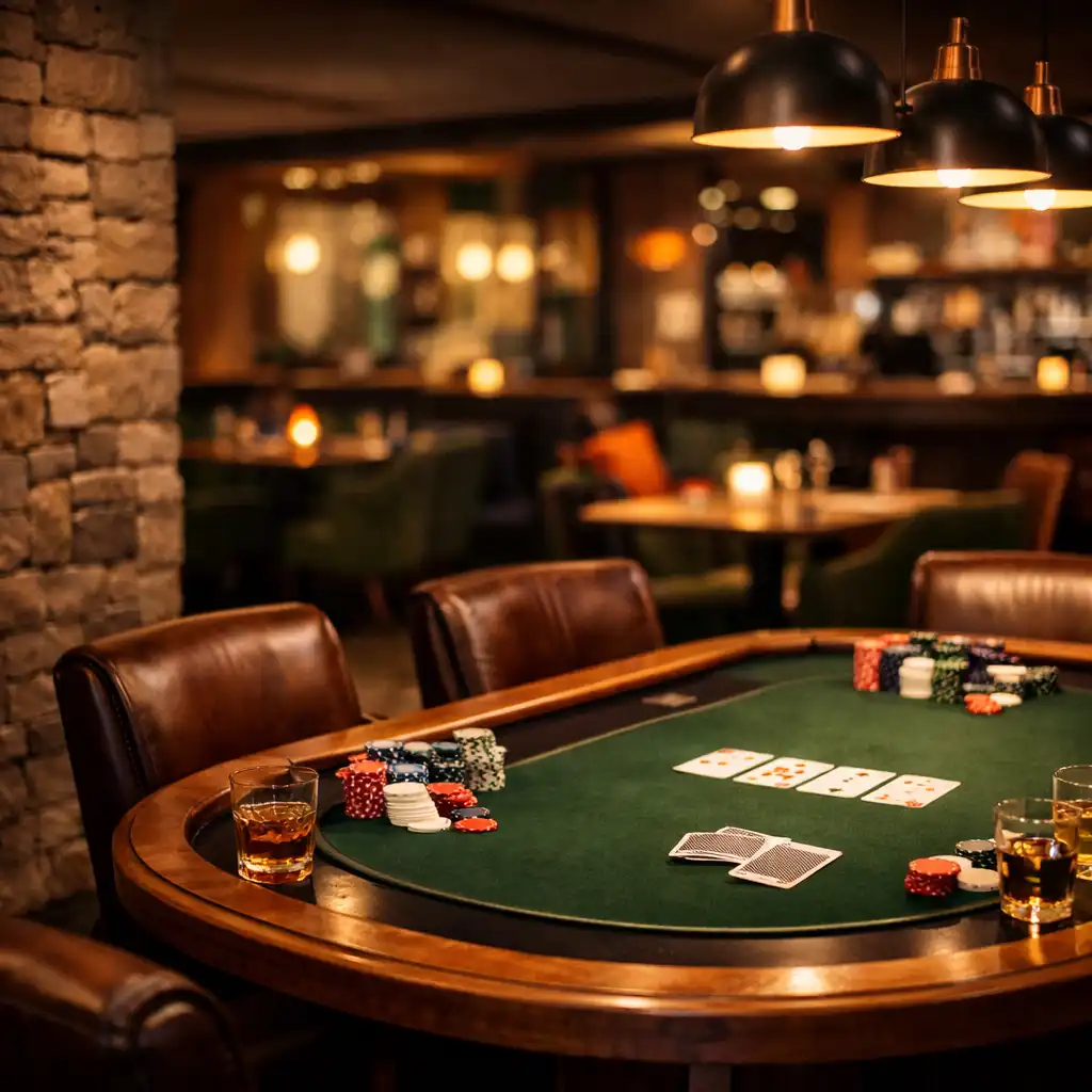 Pohled do intimního pokerového salonu s ořechovým stolem, koženými křesly a teplým osvětlením