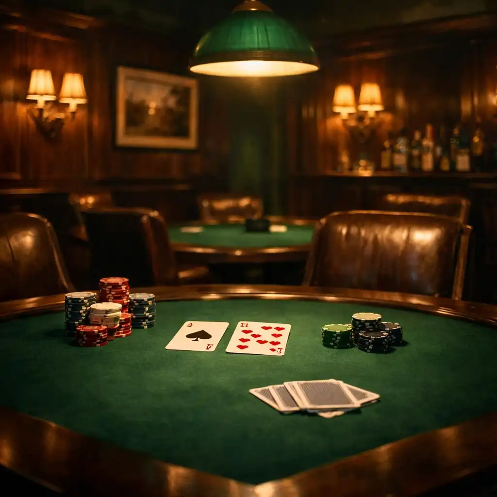 Pokerový salon s intimními stoly se zeleným plátnem a koženými židlemi