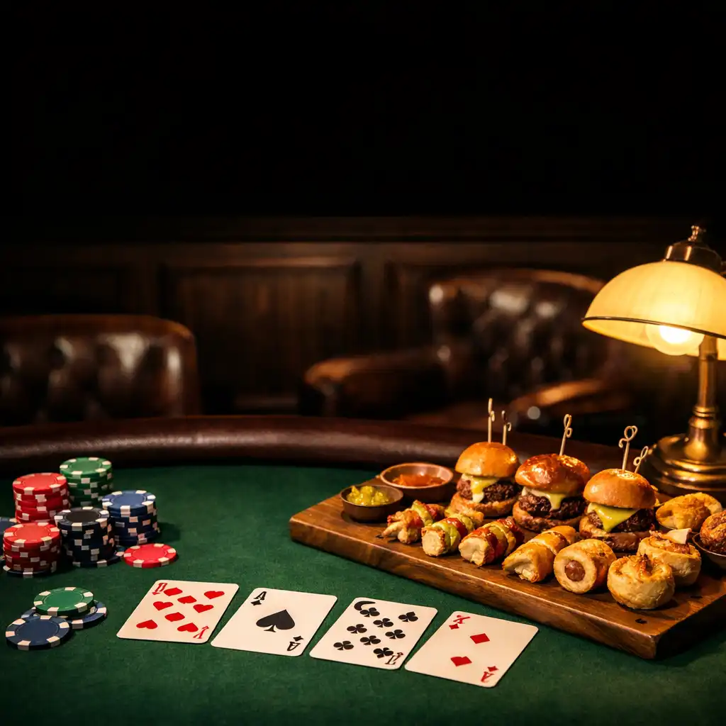 Pokerový stůl s občerstvením: miniburgery, špízy a malé pečivo vedle karet a žetonů