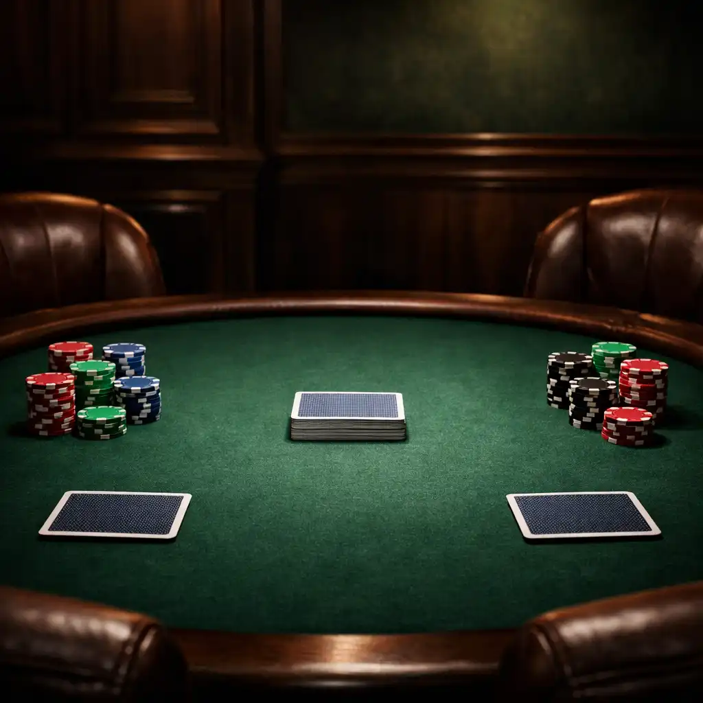 Intimní pokerový stůl se zeleným plátnem, žetony a kartami v tlumeně osvětleném card roomu