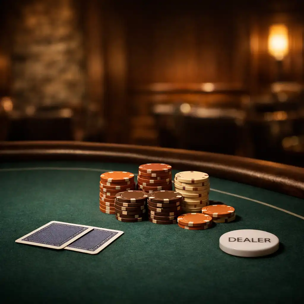 Detail pokerového stolu s žetony a kartami v tlumeném osvětlení salonu